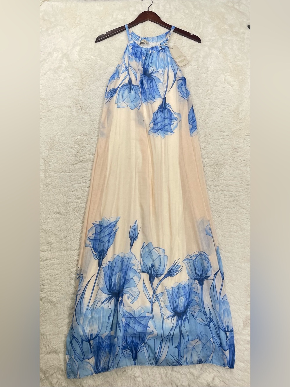 Bellambra Silk Blend Cream Maxi Dress with Blue Floral Print - Halter Neck